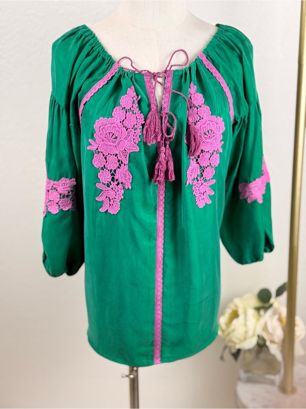 Line+Dot Boho Emerald Green Silk-Like Cupro Embroidered Tassel Peasant Blouse S